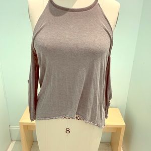 Frayed, relaxed gray off shoulder tee